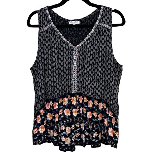 Patrons of Peace Tops - Patrons of Peace Flowy Black Tank Top Floral Print Boho Ruffle Large